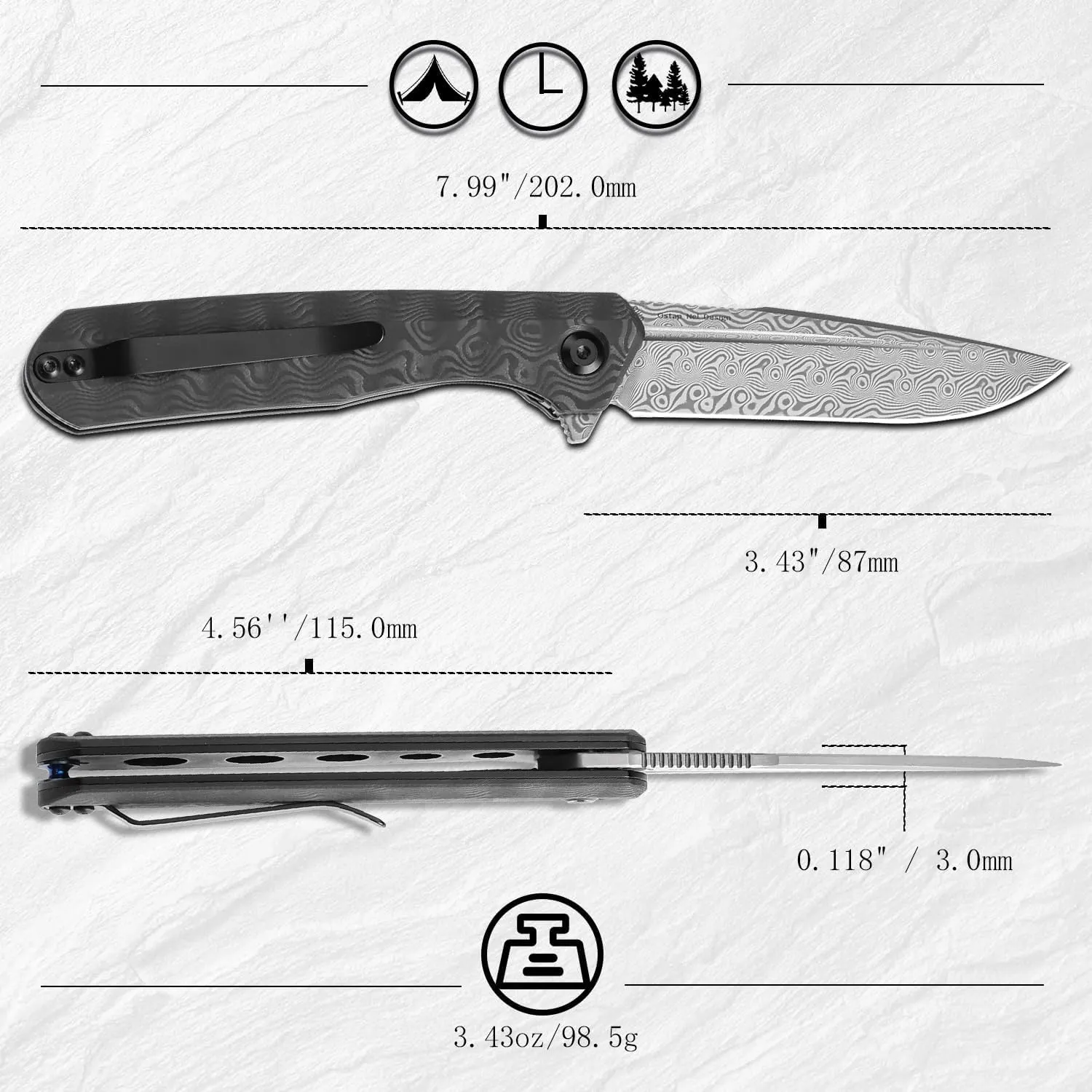 KANSEPT Qilin Pocket Knife,3.24'' Damascus Sharp Blade, Black Rose Carbon Fiber Handle for Edc, Flipper and Liner Lock with Double-Sided Clip, Men Camping Survival Folding Knives K1047A2