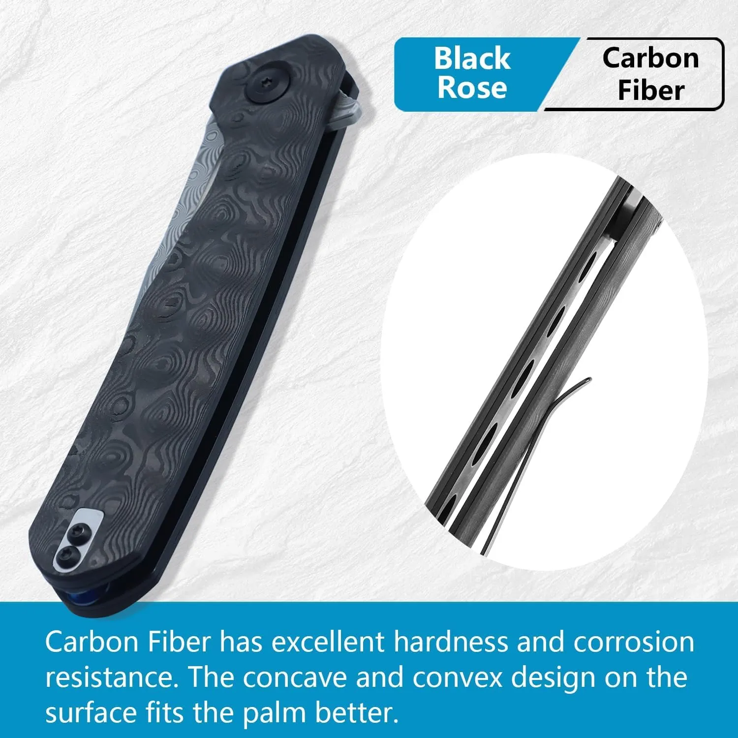 KANSEPT Qilin Pocket Knife,3.24'' Damascus Sharp Blade, Black Rose Carbon Fiber Handle for Edc, Flipper and Liner Lock with Double-Sided Clip, Men Camping Survival Folding Knives K1047A2