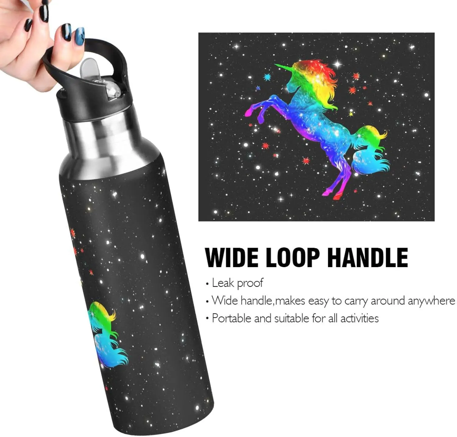 Kcldeci Unicorn Rainbow Galaxy Sports Water Bottle 20 Oz Straw Lid Leak Proof Vacuum Insulated Stainless Steel Hot Cold Double Walled Thermo Mug Tumbler Travel Cup Standard Metal Canteen