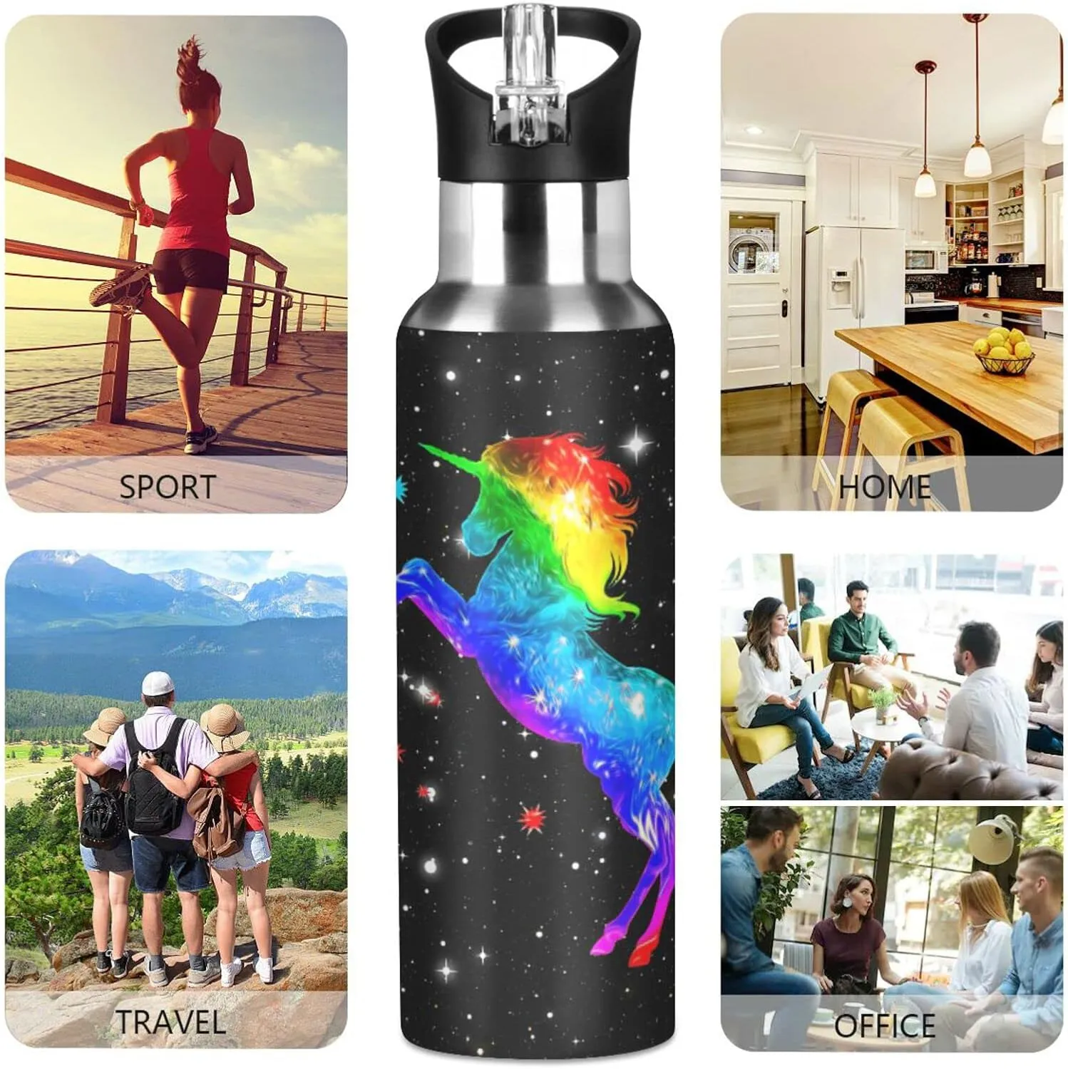 Kcldeci Unicorn Rainbow Galaxy Sports Water Bottle 20 Oz Straw Lid Leak Proof Vacuum Insulated Stainless Steel Hot Cold Double Walled Thermo Mug Tumbler Travel Cup Standard Metal Canteen