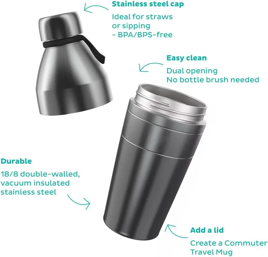 KeepCup Water Bottle, Reusable Insulated Stainless Steel Dual Opening with Leakproof Steel Cap, 22oz/660ml - Black