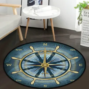 keepcute Blue Compass Rose Non-Slip Doormat Gold Nautical Theme Non-Slip Floor Mat Round Area Rug Carpet for Bedroom Living Room Study Playing Carpet, 5 ft
