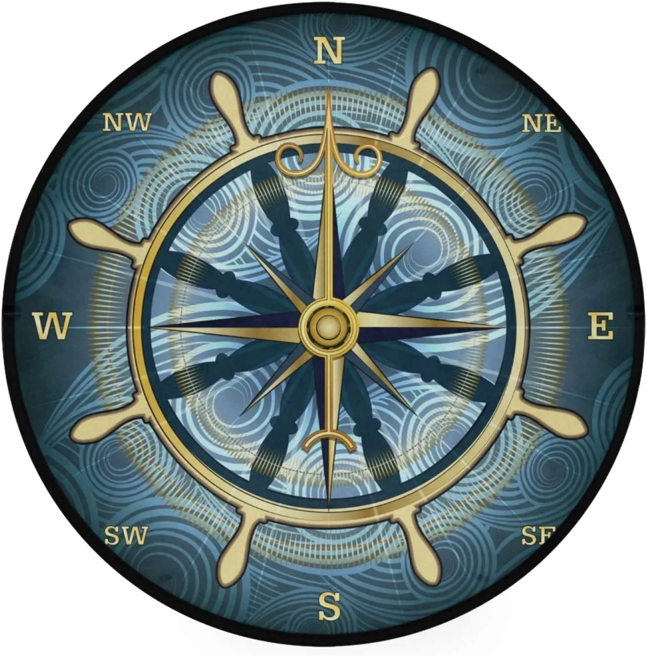 keepcute Blue Compass Rose Non-Slip Doormat Gold Nautical Theme Non-Slip Floor Mat Round Area Rug Carpet for Bedroom Living Room Study Playing Carpet, 5 ft