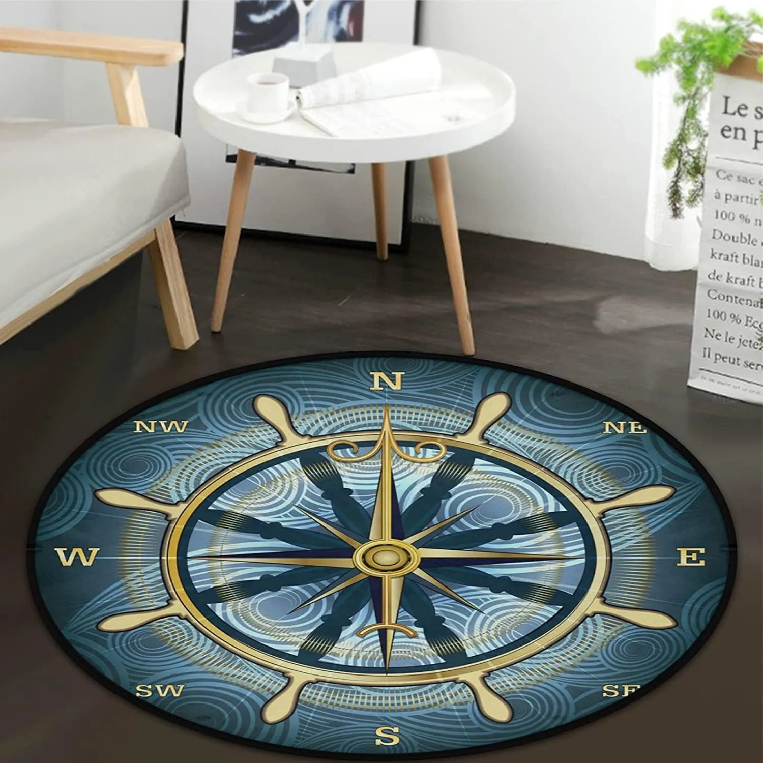 keepcute Blue Compass Rose Non-Slip Doormat Gold Nautical Theme Non-Slip Floor Mat Round Area Rug Carpet for Bedroom Living Room Study Playing Carpet, 5 ft