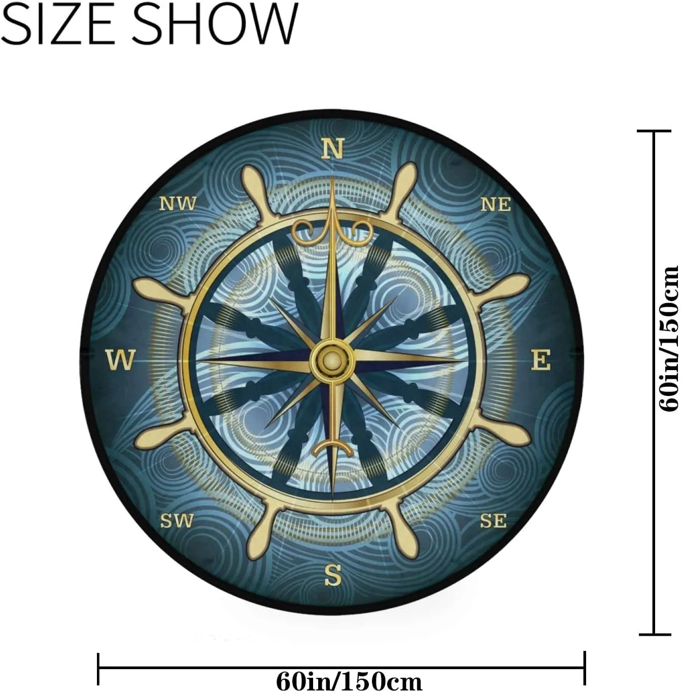 keepcute Blue Compass Rose Non-Slip Doormat Gold Nautical Theme Non-Slip Floor Mat Round Area Rug Carpet for Bedroom Living Room Study Playing Carpet, 5 ft