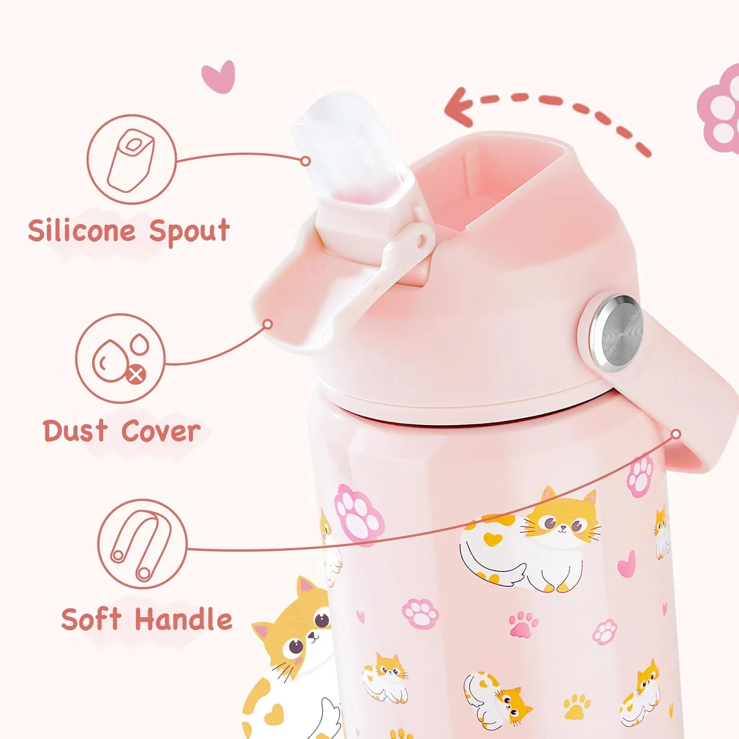 Kerilyn 12oz Kids Water Bottle, Stainless Steel Insulated Water Bottle For Kids, Toddler Cup With Straws Leak-proof, Kids Water Bottles For School Boys Girls, BPA Free, Kitty