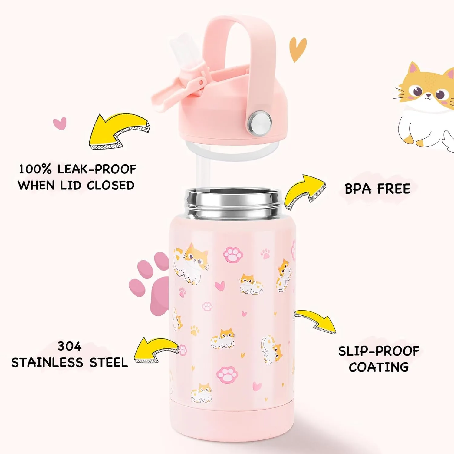 Kerilyn 12oz Kids Water Bottle, Stainless Steel Insulated Water Bottle For Kids, Toddler Cup With Straws Leak-proof, Kids Water Bottles For School Boys Girls, BPA Free, Kitty