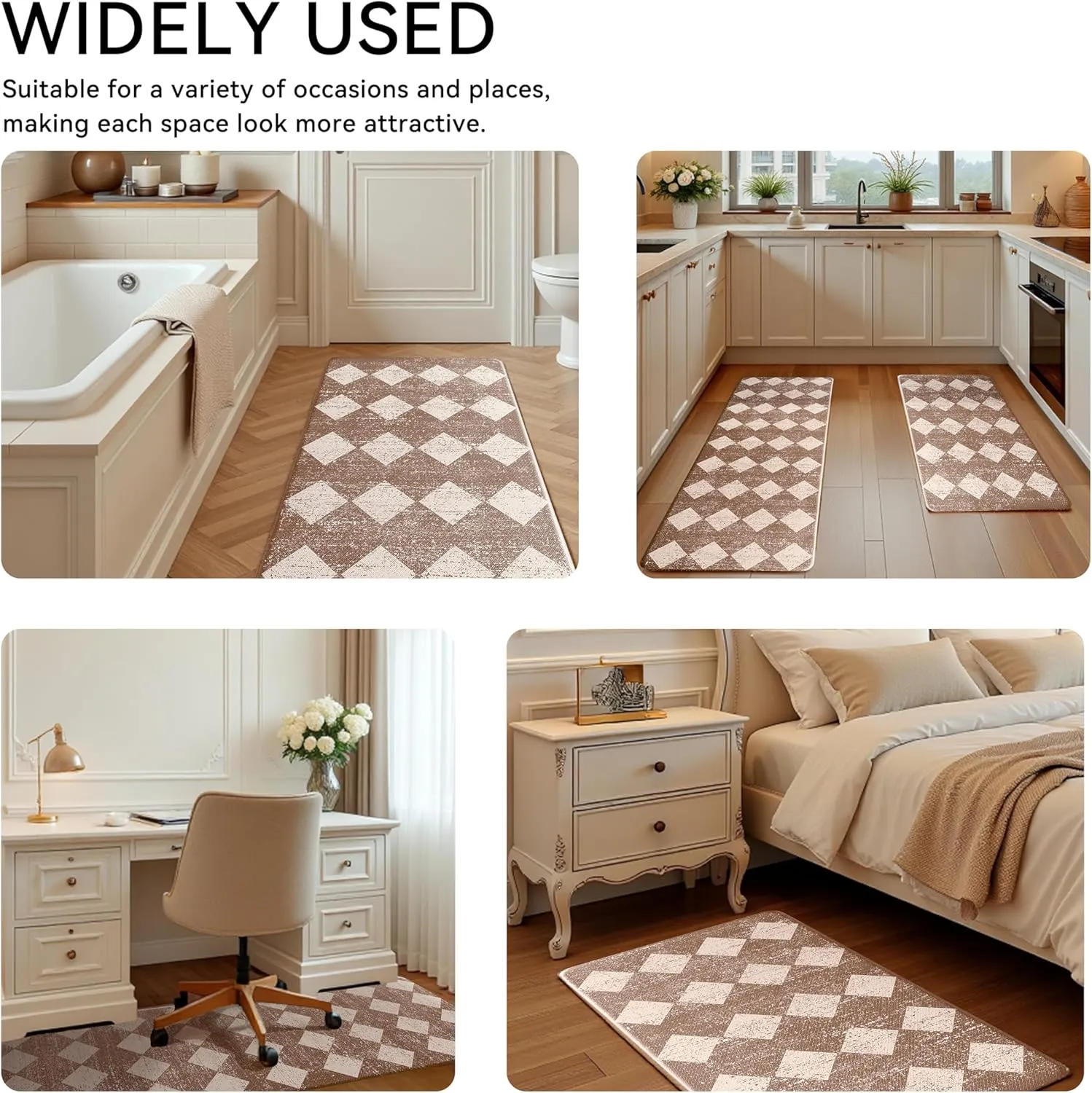 Khaki Beige Moroccan Trellis Checkered Kitchen Rug Sets [2 PCs], Anti-Fatigue, Waterproof Non-Slip Kitchen Mats Heavy Duty Ergonomic Comfort Foam Rug for Floor, Home, Laundry,17"x29" 17"x47"
