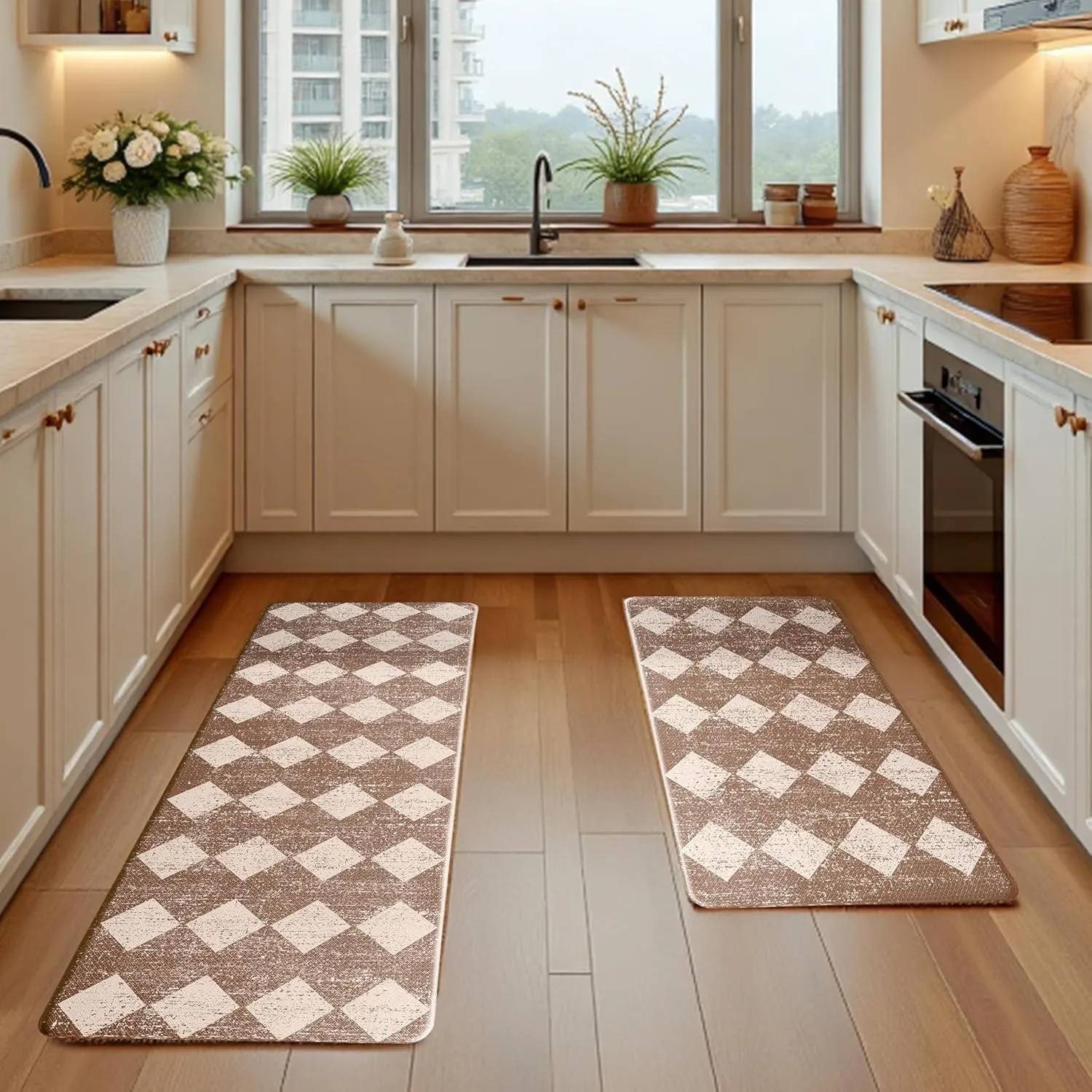 Khaki Beige Moroccan Trellis Checkered Kitchen Rug Sets [2 PCs], Anti-Fatigue, Waterproof Non-Slip Kitchen Mats Heavy Duty Ergonomic Comfort Foam Rug for Floor, Home, Laundry,17"x29" 17"x47"