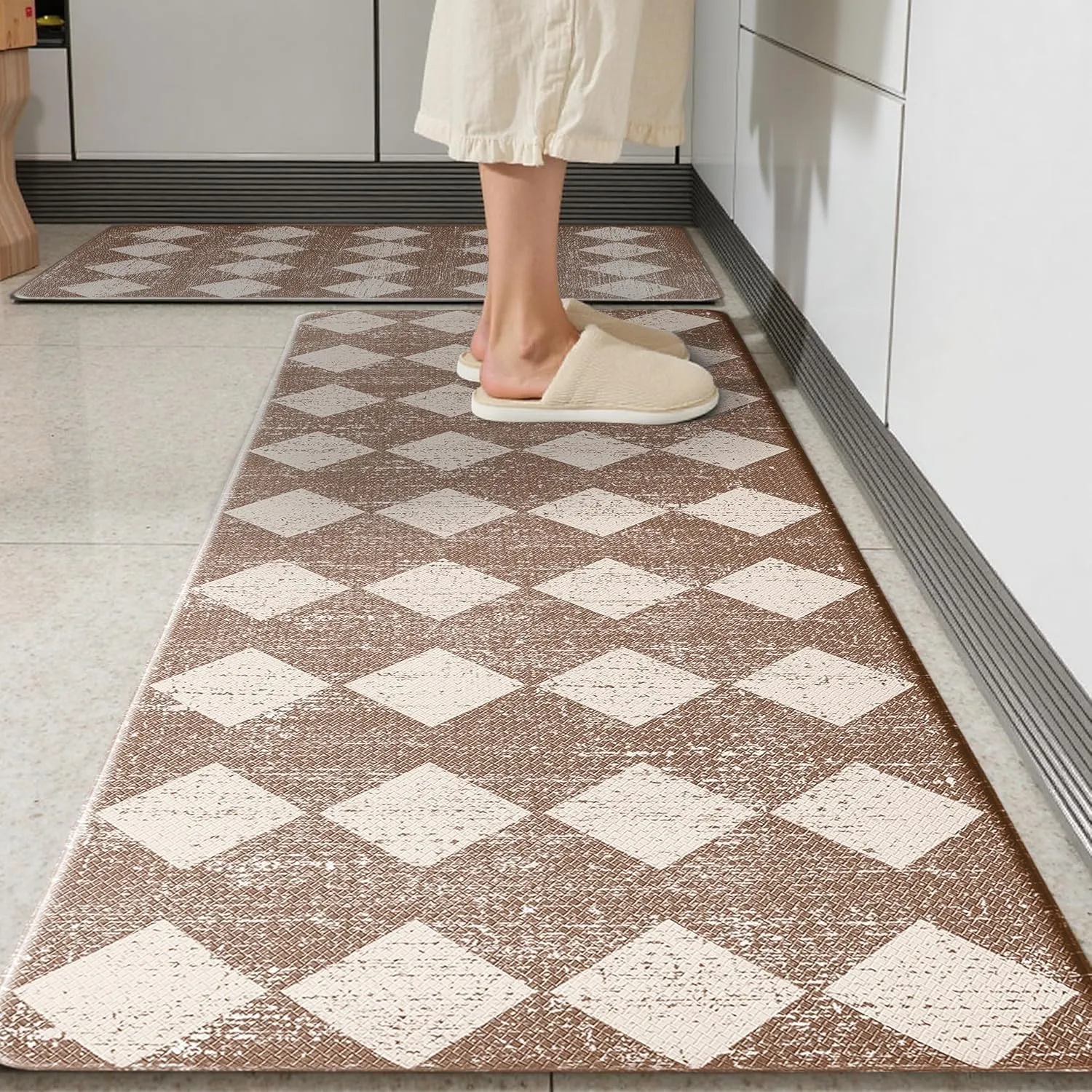 Khaki Beige Moroccan Trellis Checkered Kitchen Rug Sets [2 PCs], Anti-Fatigue, Waterproof Non-Slip Kitchen Mats Heavy Duty Ergonomic Comfort Foam Rug for Floor, Home, Laundry,17"x29" 17"x47"