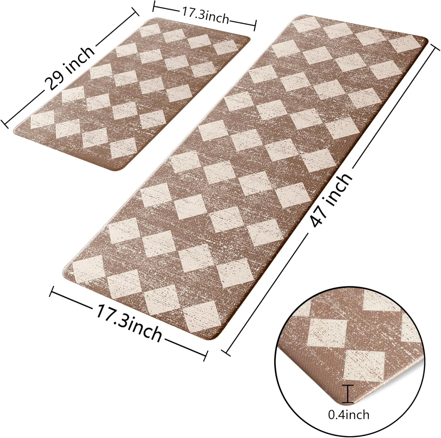 Khaki Beige Moroccan Trellis Checkered Kitchen Rug Sets [2 PCs], Anti-Fatigue, Waterproof Non-Slip Kitchen Mats Heavy Duty Ergonomic Comfort Foam Rug for Floor, Home, Laundry,17"x29" 17"x47"