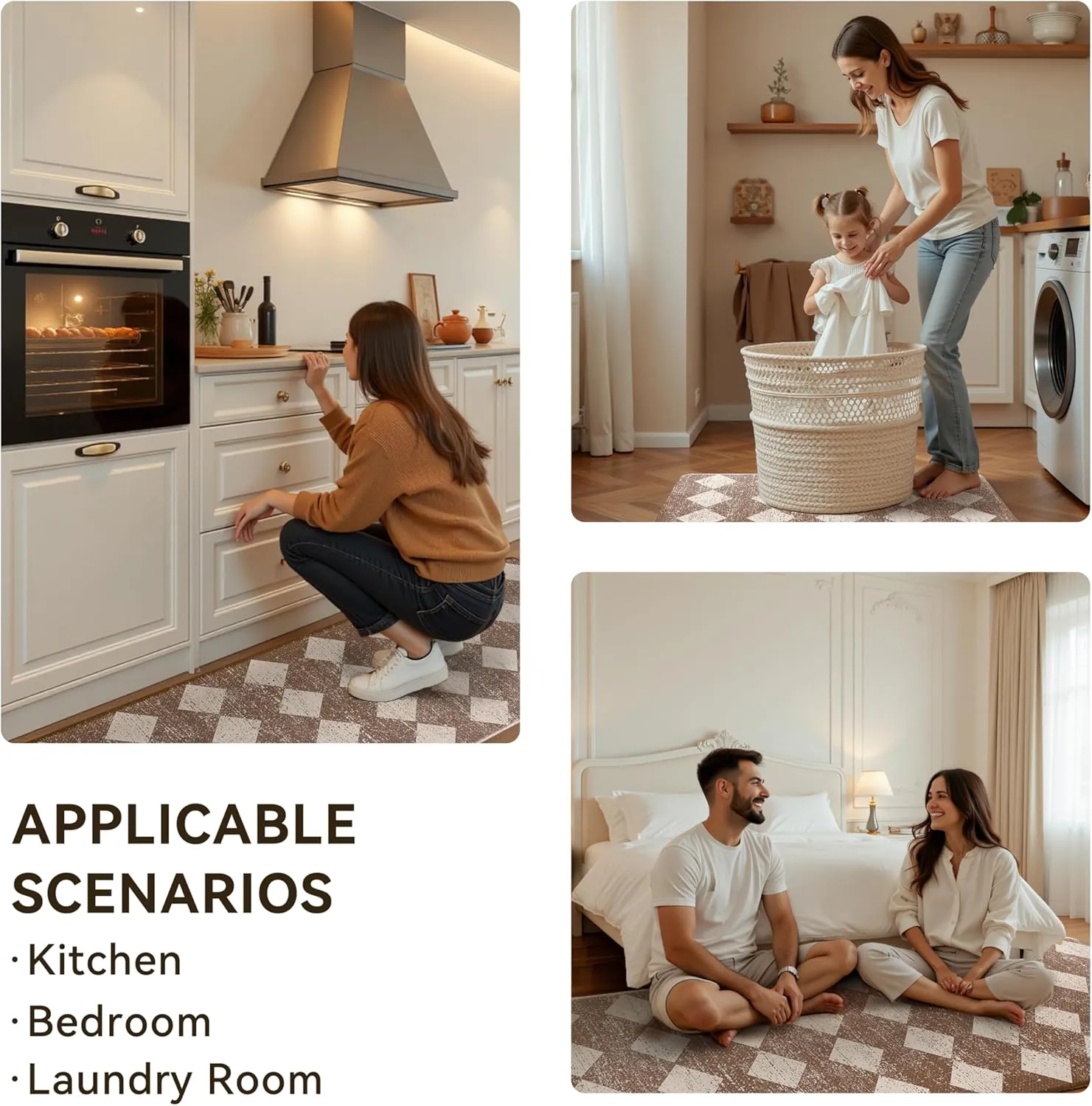 Khaki Beige Moroccan Trellis Checkered Kitchen Rug Sets [2 PCs], Anti-Fatigue, Waterproof Non-Slip Kitchen Mats Heavy Duty Ergonomic Comfort Foam Rug for Floor, Home, Laundry,17"x29" 17"x47"