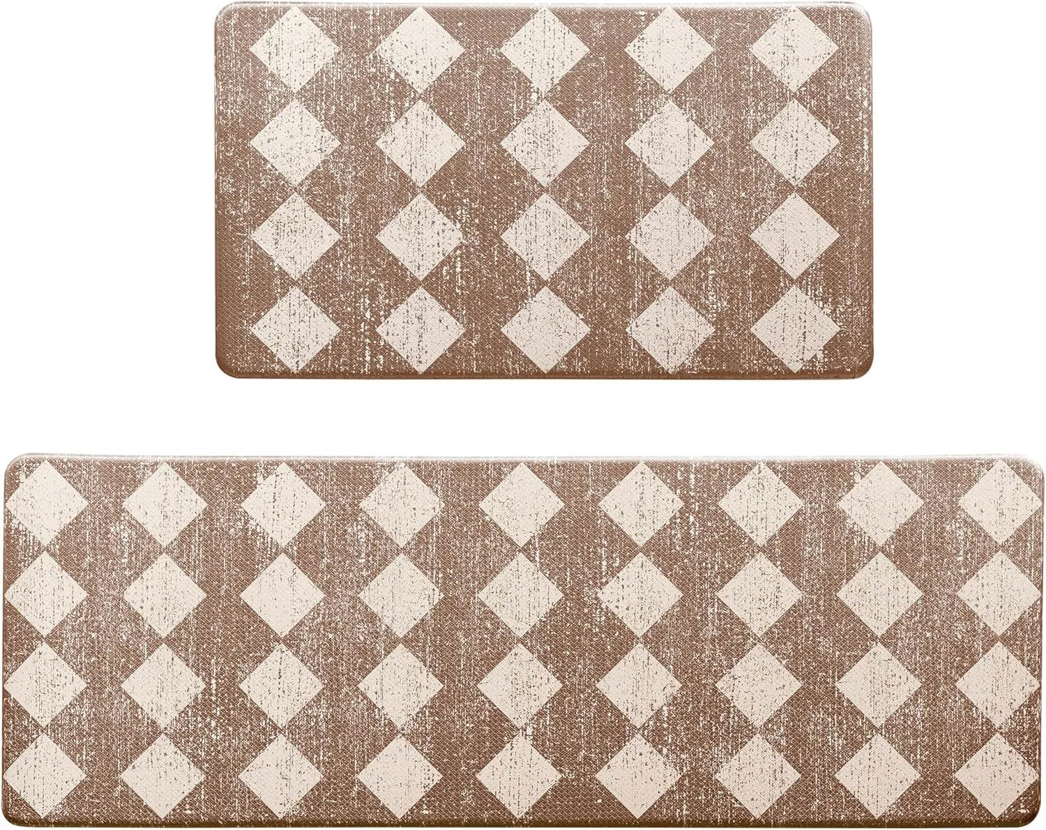 Khaki Beige Moroccan Trellis Checkered Kitchen Rug Sets [2 PCs], Anti-Fatigue, Waterproof Non-Slip Kitchen Mats Heavy Duty Ergonomic Comfort Foam Rug for Floor, Home, Laundry,17"x29" 17"x47"