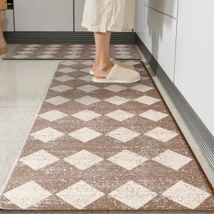 Khaki Beige Moroccan Trellis Checkered Kitchen Rug Sets [2 PCs], Anti-Fatigue, Waterproof Non-Slip Kitchen Mats Heavy Duty Ergonomic Comfort Foam Rug for Floor, Home, Laundry,17"x29" 17"x47"
