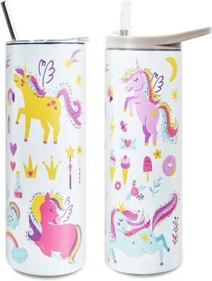 Kids Insulated Water Bottle, 20 oz Skinny Tumbler Travel Mug Double Wall Vacuum Leakproof Stainless Steel Drinking Bottle w Flip Lid, Unicorn Lover Gifts for Girls Boys, 2 Lids, White Unicorn