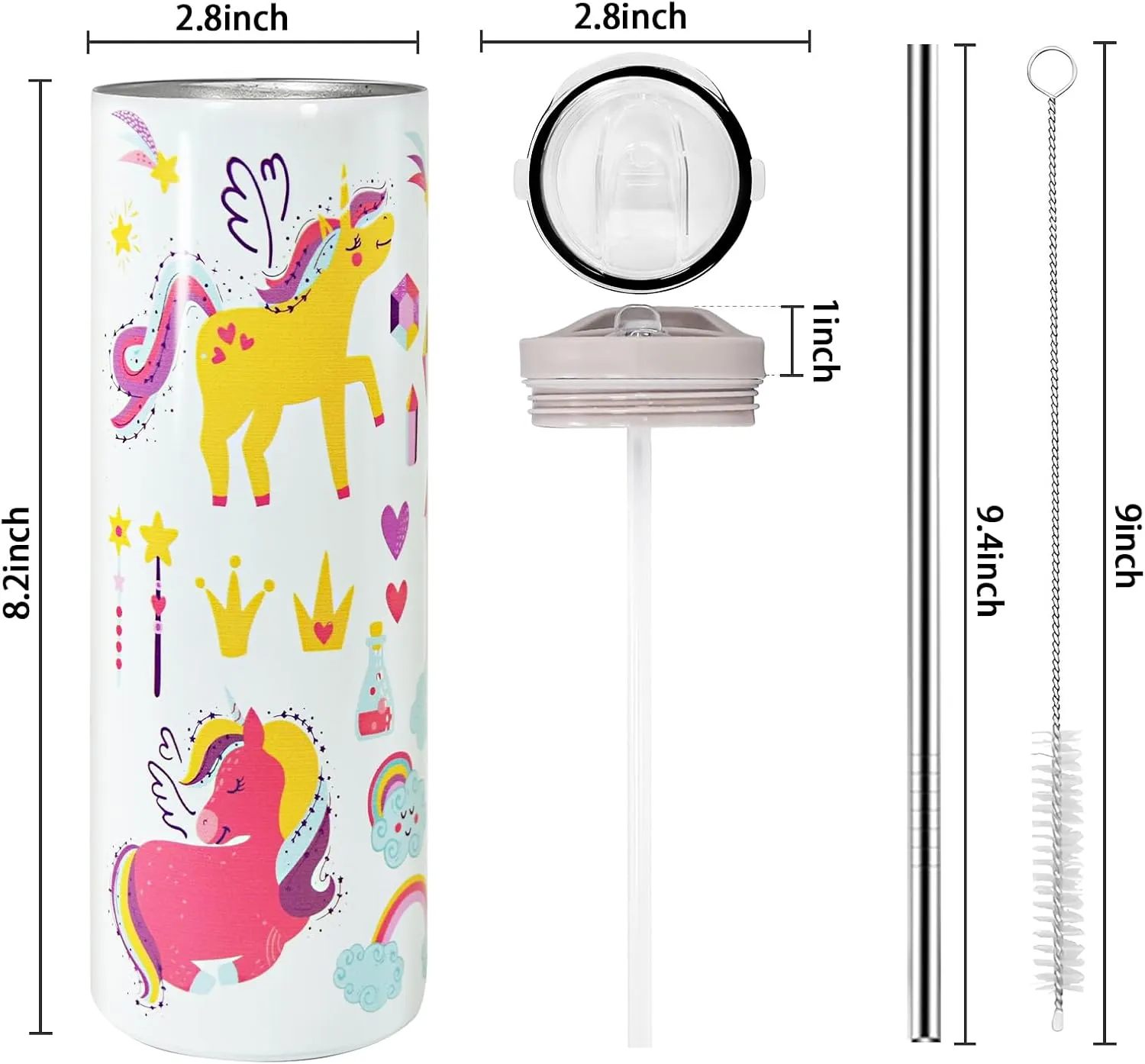Kids Insulated Water Bottle, 20 oz Skinny Tumbler Travel Mug Double Wall Vacuum Leakproof Stainless Steel Drinking Bottle w Flip Lid, Unicorn Lover Gifts for Girls Boys, 2 Lids, White Unicorn