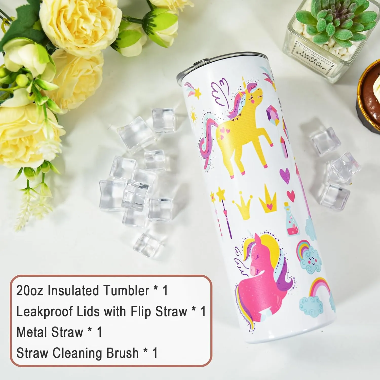 Kids Insulated Water Bottle, 20 oz Skinny Tumbler Travel Mug Double Wall Vacuum Leakproof Stainless Steel Drinking Bottle w Flip Lid, Unicorn Lover Gifts for Girls Boys, 2 Lids, White Unicorn