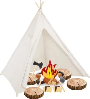 Kigley 26 Pcs Pretend Camping Play Set Includes Kids Teepee Tent Beige Indoor Play Tent Felt Campfire Toys Wood Print Throw Pillow Floor Cushion for Boys Girls Adults Dramatic Play Home Decorations