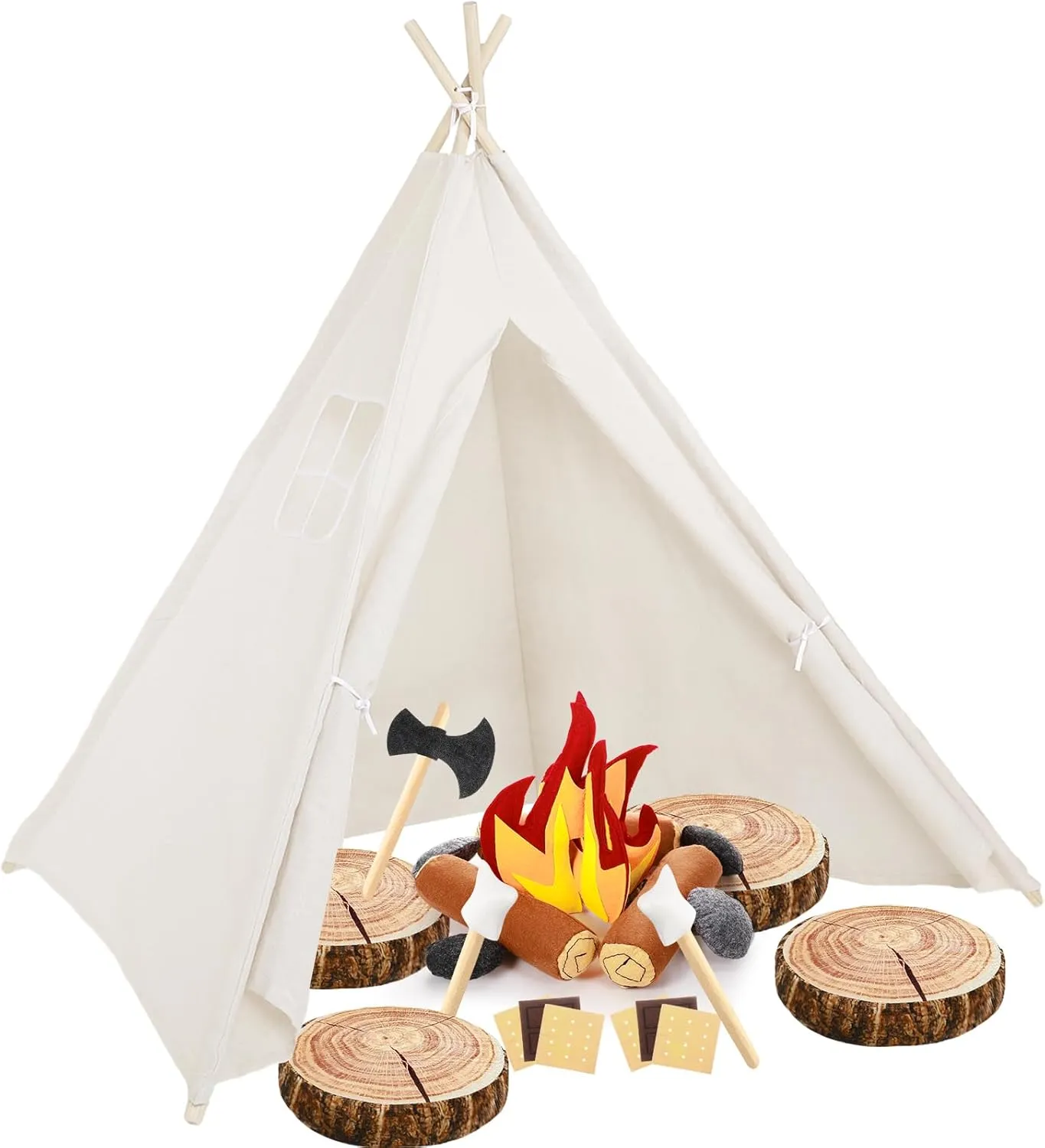 Kigley 26 Pcs Pretend Camping Play Set Includes Kids Teepee Tent Beige Indoor Play Tent Felt Campfire Toys Wood Print Throw Pillow Floor Cushion for Boys Girls Adults Dramatic Play Home Decorations