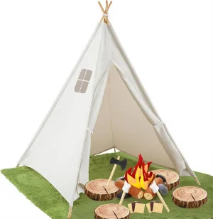 Kigley Pretend Camping Play Set Includes Rug Kid Teepee Tent Felt Campfire Toys Wooden Print Throw Pillow Floor Cushion for Indoor Outdoor Dramatic Play Decoration Gift for Forest Camping Theme Party