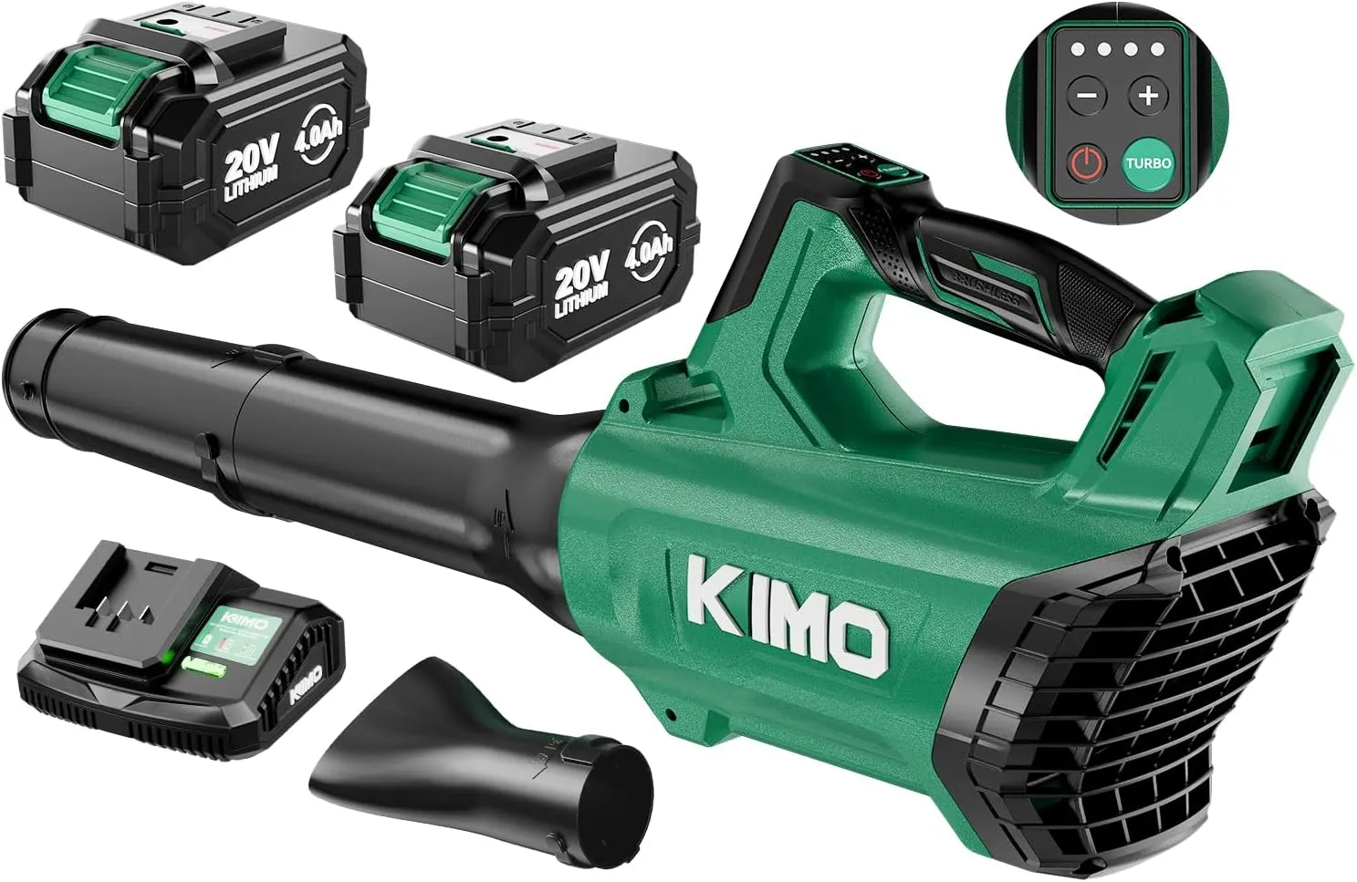 KIMO Leaf Blower Cordless with Battery and Charger, Brushless Motor, 650CFM 160MPH, Turbo Mode and 3 Speeds, 2 Pack 4000mAh Battery Powered Leaf Blowers for Lawn Care, 3 Extended Tube, Shoulder Strap