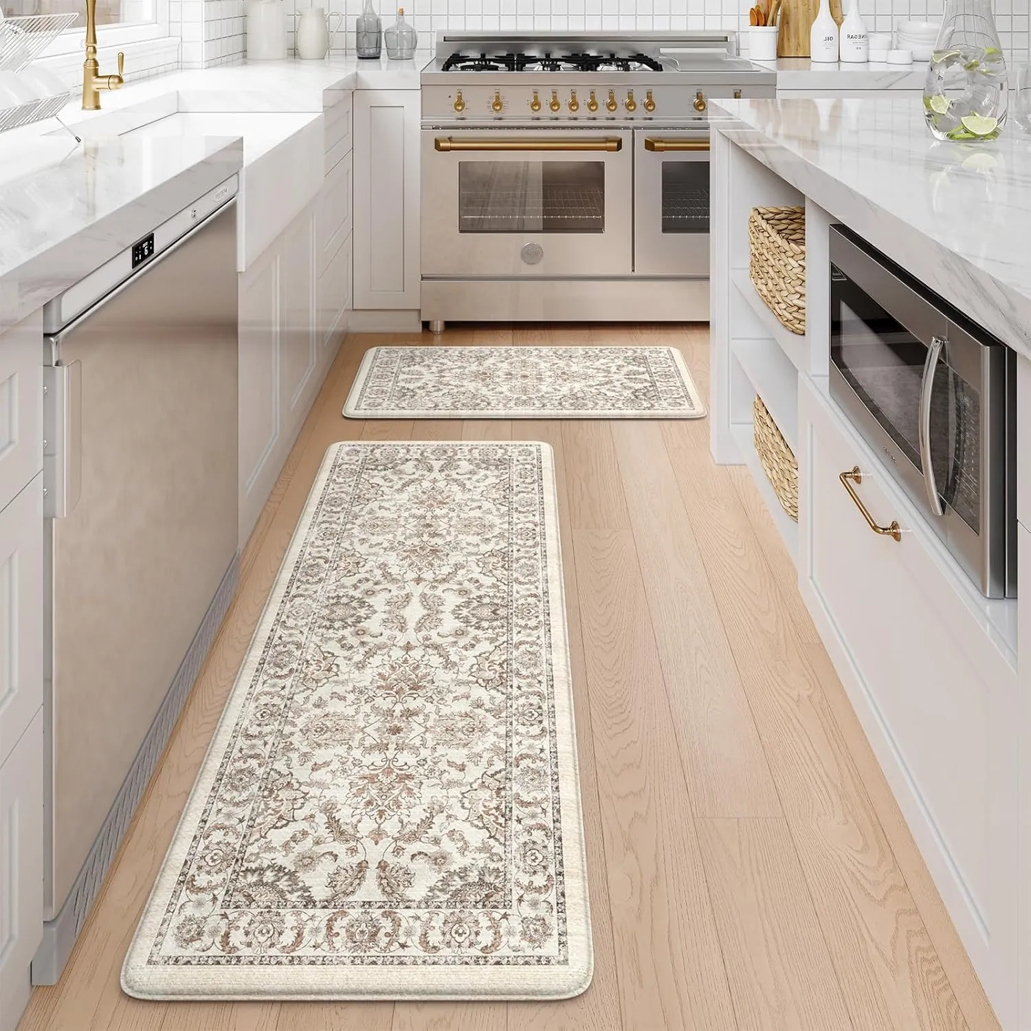 KIMODE Anti Fatigue Mats for Kitchen Floor,Kitchen Rugs Sets of 2 Non Slip,Padded Cushioned Kitchen Floor Mats,Memory Foam Kitchen Mat for Sink Laundry Office Desk,17.3"x47" 17.3"x29",Khaki