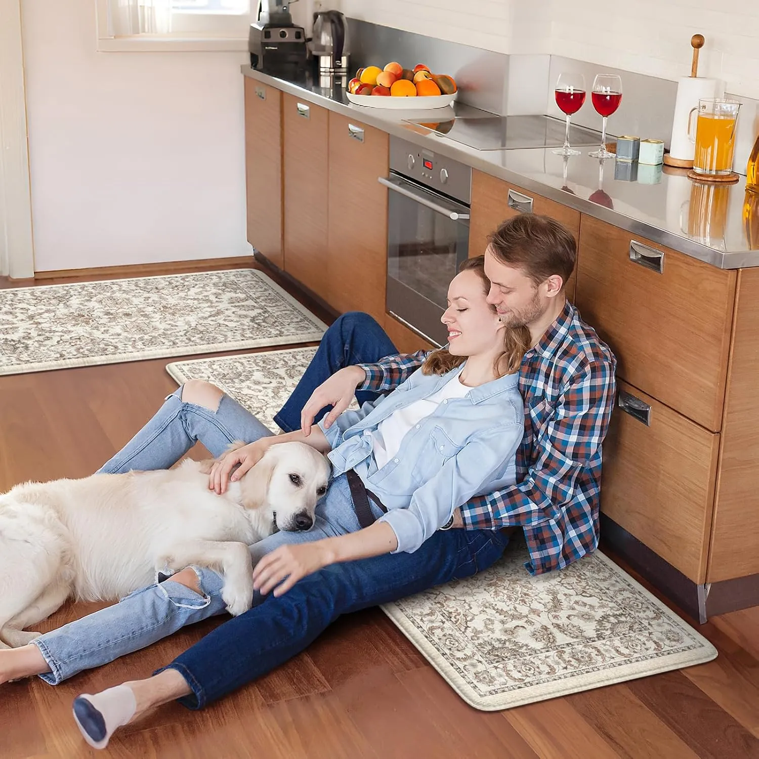 KIMODE Anti Fatigue Mats for Kitchen Floor,Kitchen Rugs Sets of 2 Non Slip,Padded Cushioned Kitchen Floor Mats,Memory Foam Kitchen Mat for Sink Laundry Office Desk,17.3"x47" 17.3"x29",Khaki
