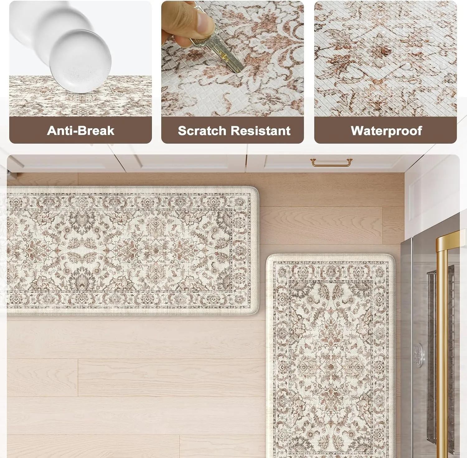 KIMODE Anti Fatigue Mats for Kitchen Floor,Kitchen Rugs Sets of 2 Non Slip,Padded Cushioned Kitchen Floor Mats,Memory Foam Kitchen Mat for Sink Laundry Office Desk,17.3"x47" 17.3"x29",Khaki