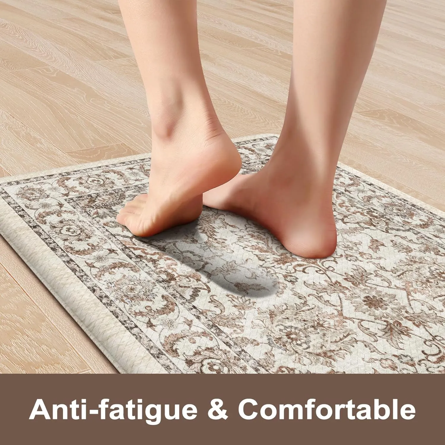 KIMODE Anti Fatigue Mats for Kitchen Floor,Kitchen Rugs Sets of 2 Non Slip,Padded Cushioned Kitchen Floor Mats,Memory Foam Kitchen Mat for Sink Laundry Office Desk,17.3"x47" 17.3"x29",Khaki