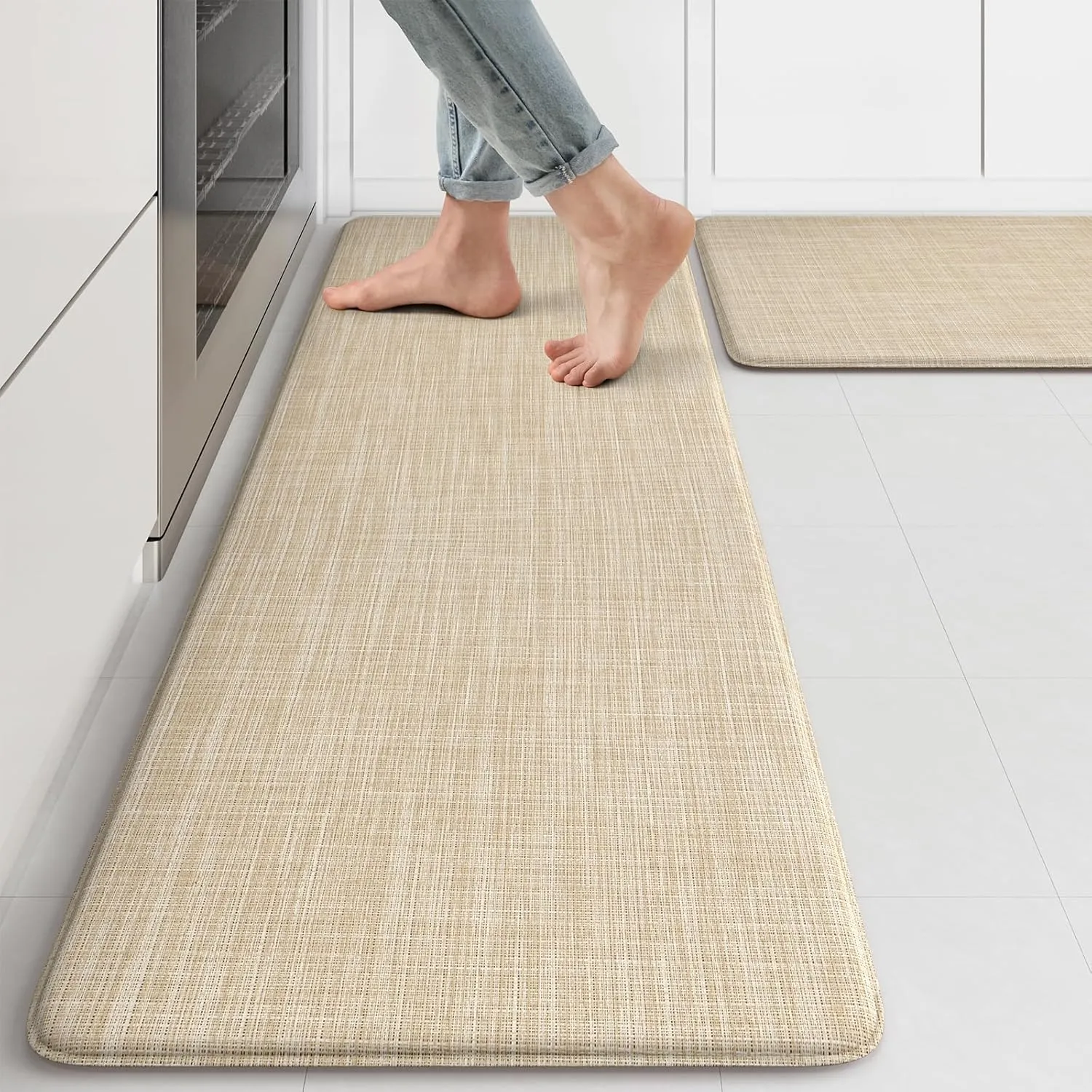 KIMODE Kitchen Mats Cushioned Anti Fatigue 17"x47" 17"x29", Beige Padded Kitchen Floor Mats Non Slip, Comfort Textilene Kitchen Mats for Floor, Standing Mat for Laundry Office Sink Desk