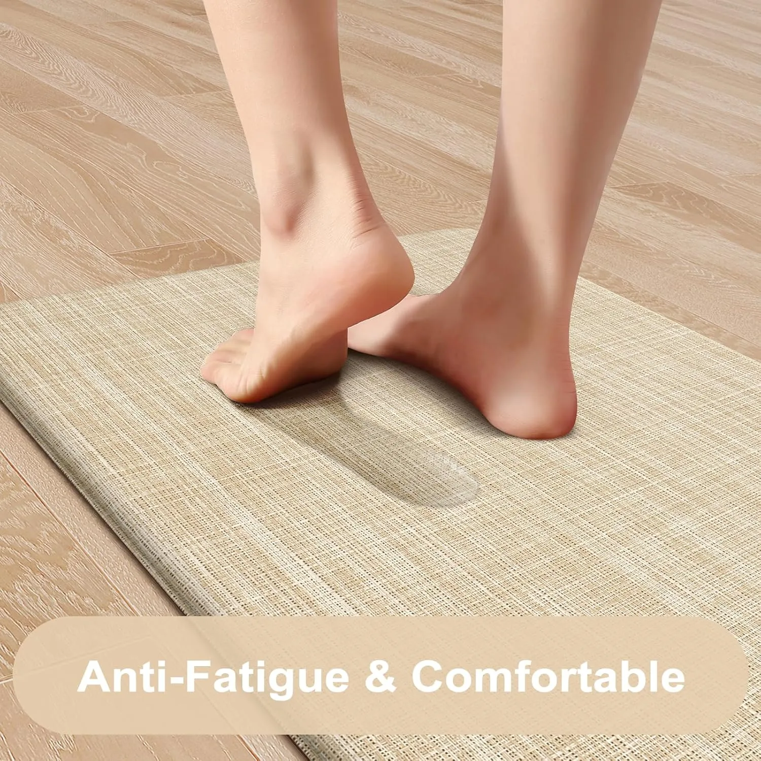KIMODE Kitchen Mats Cushioned Anti Fatigue 17"x47" 17"x29", Beige Padded Kitchen Floor Mats Non Slip, Comfort Textilene Kitchen Mats for Floor, Standing Mat for Laundry Office Sink Desk