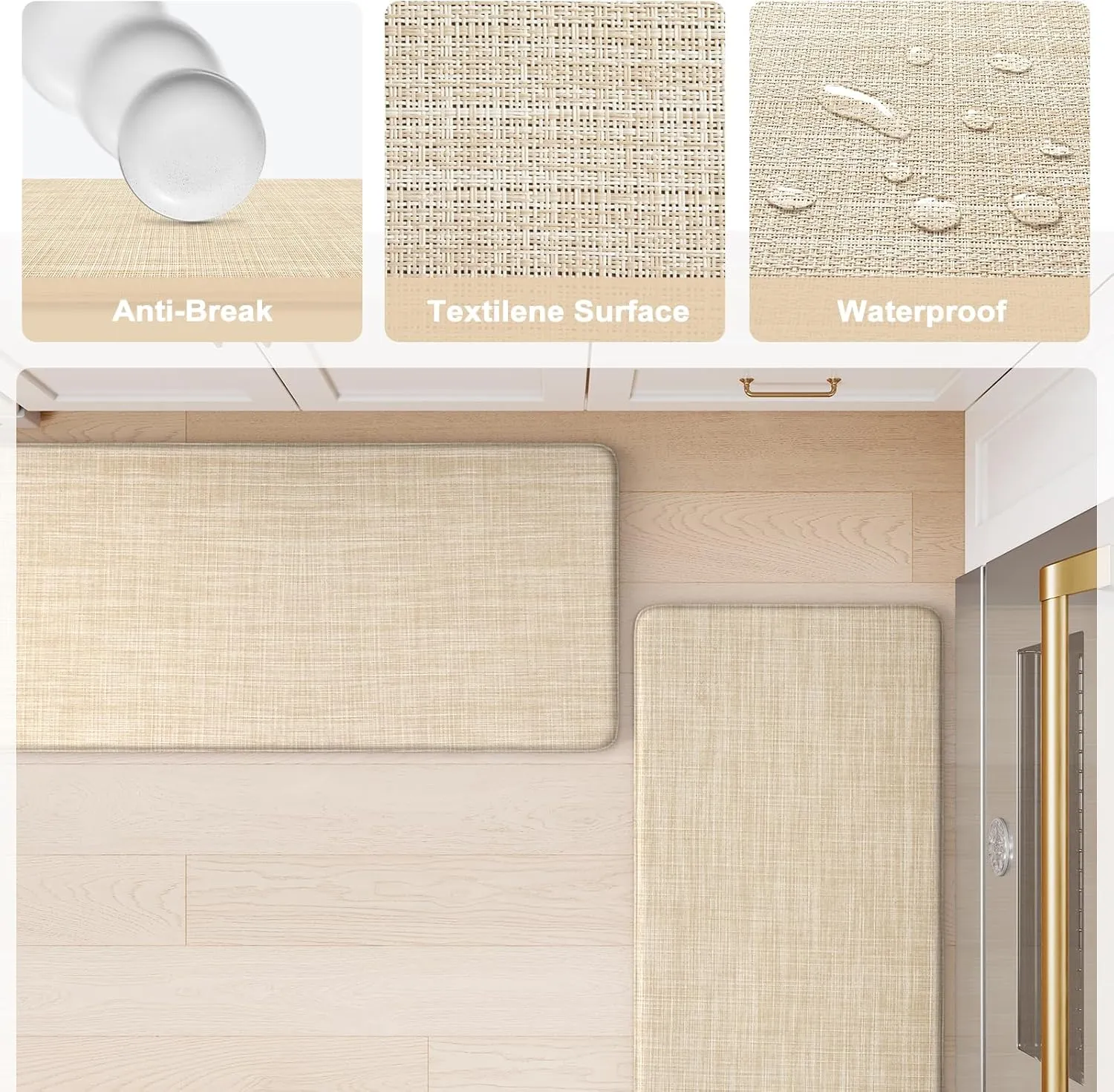 KIMODE Kitchen Mats Cushioned Anti Fatigue 17"x47" 17"x29", Beige Padded Kitchen Floor Mats Non Slip, Comfort Textilene Kitchen Mats for Floor, Standing Mat for Laundry Office Sink Desk