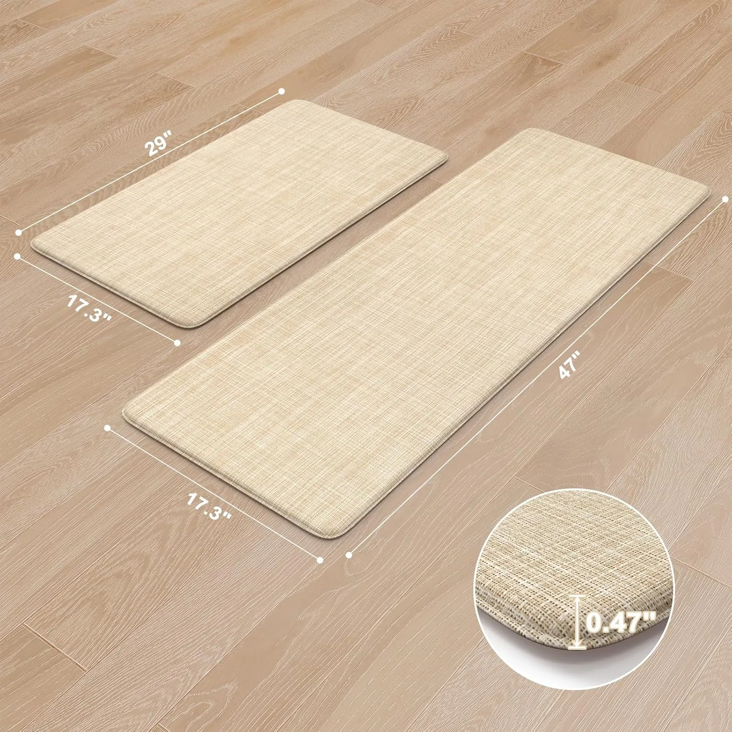 KIMODE Kitchen Mats Cushioned Anti Fatigue 17"x47" 17"x29", Beige Padded Kitchen Floor Mats Non Slip, Comfort Textilene Kitchen Mats for Floor, Standing Mat for Laundry Office Sink Desk