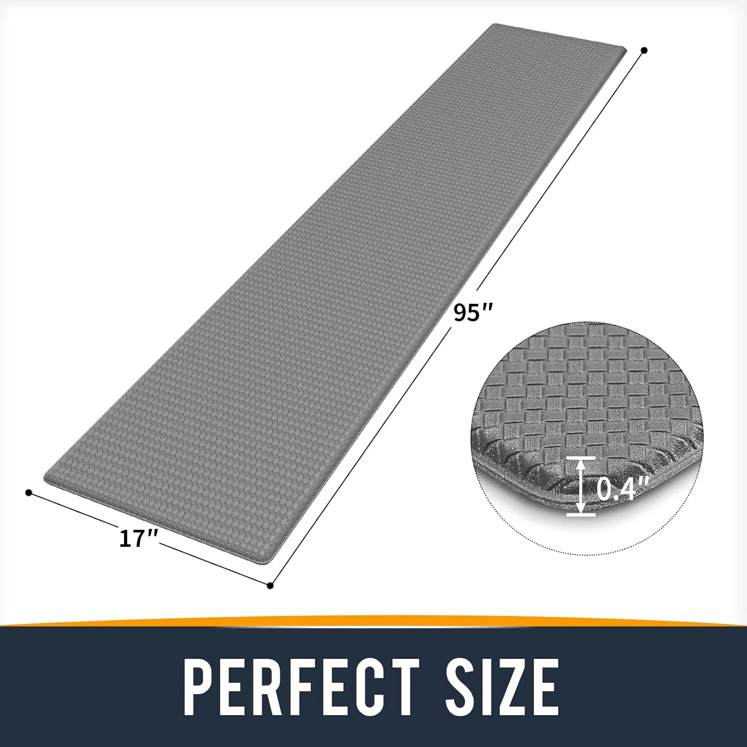 Kitchen Mats for Floor Cushioned Anti Fatigue, 17x95 Long Runner Rug Waterproof, Memory Foam Padded for Standing, Grey