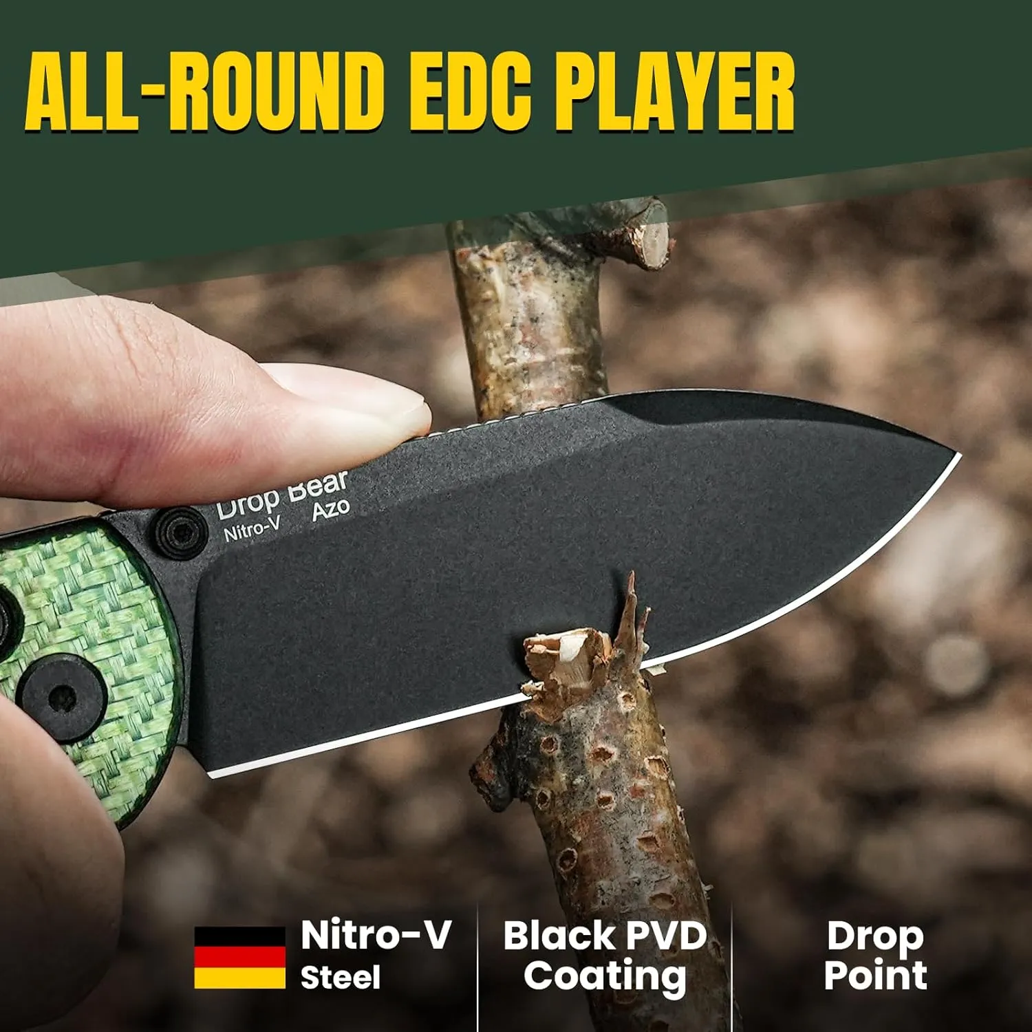 Kizer Drop Bear EDC Pocket Knife, 2.97” Nitro-V Steel Blade G10 Carbon Fiber Handle Folding Knife with Thumb Stud Opener, Lightweight Clutch Lock Camping Hunting Knife for Men Women Gift V3619A4
