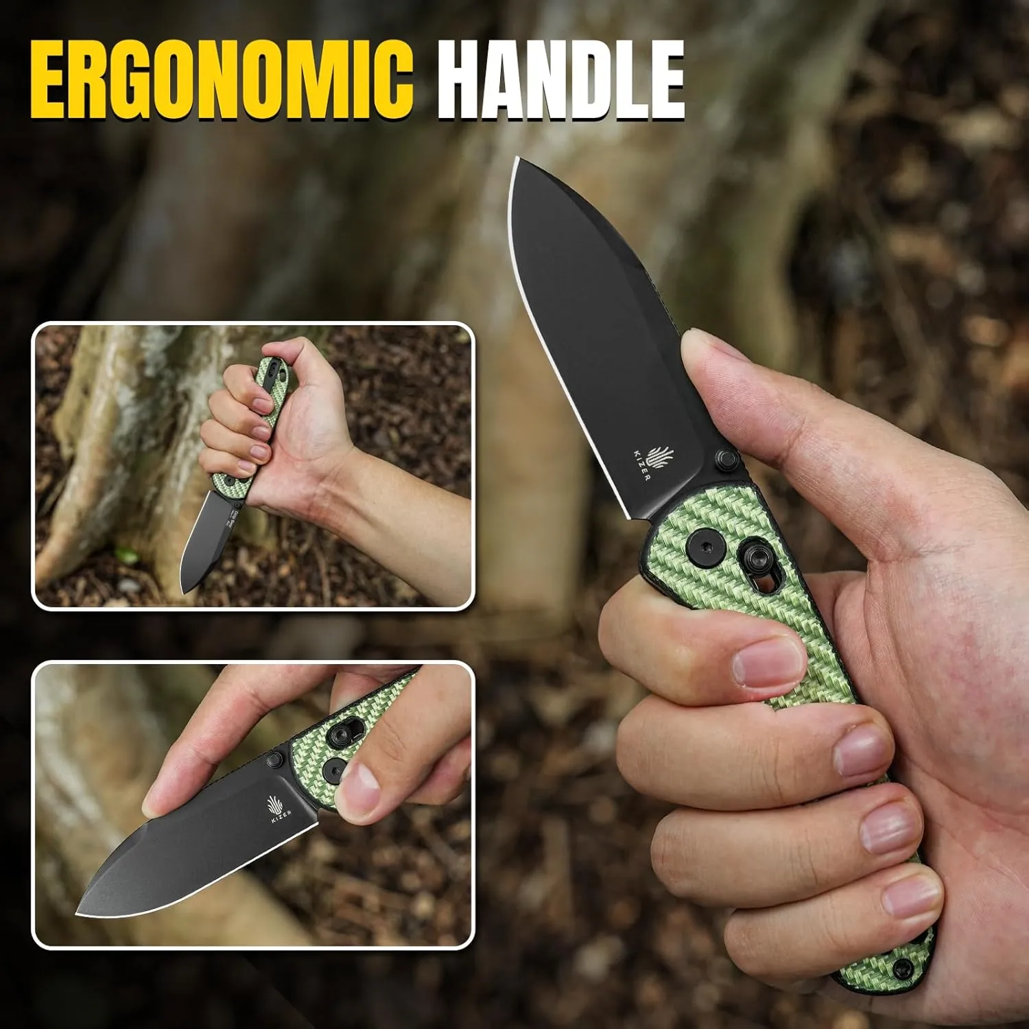 Kizer Drop Bear EDC Pocket Knife, 2.97” Nitro-V Steel Blade G10 Carbon Fiber Handle Folding Knife with Thumb Stud Opener, Lightweight Clutch Lock Camping Hunting Knife for Men Women Gift V3619A4