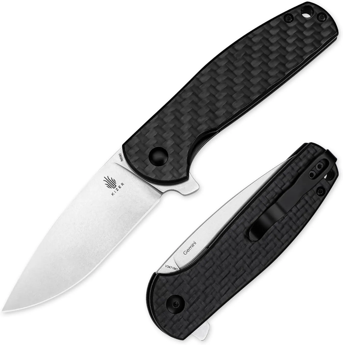 Kizer Gemini Folding Pocket Knife, 3 In N690 Steel Blade Pocket Carbon Fiber and G10 Handle Folding Knife Drop Point EDC Knives for Men Women Outdoor Camping Hunting Hiking Carving V3471M1