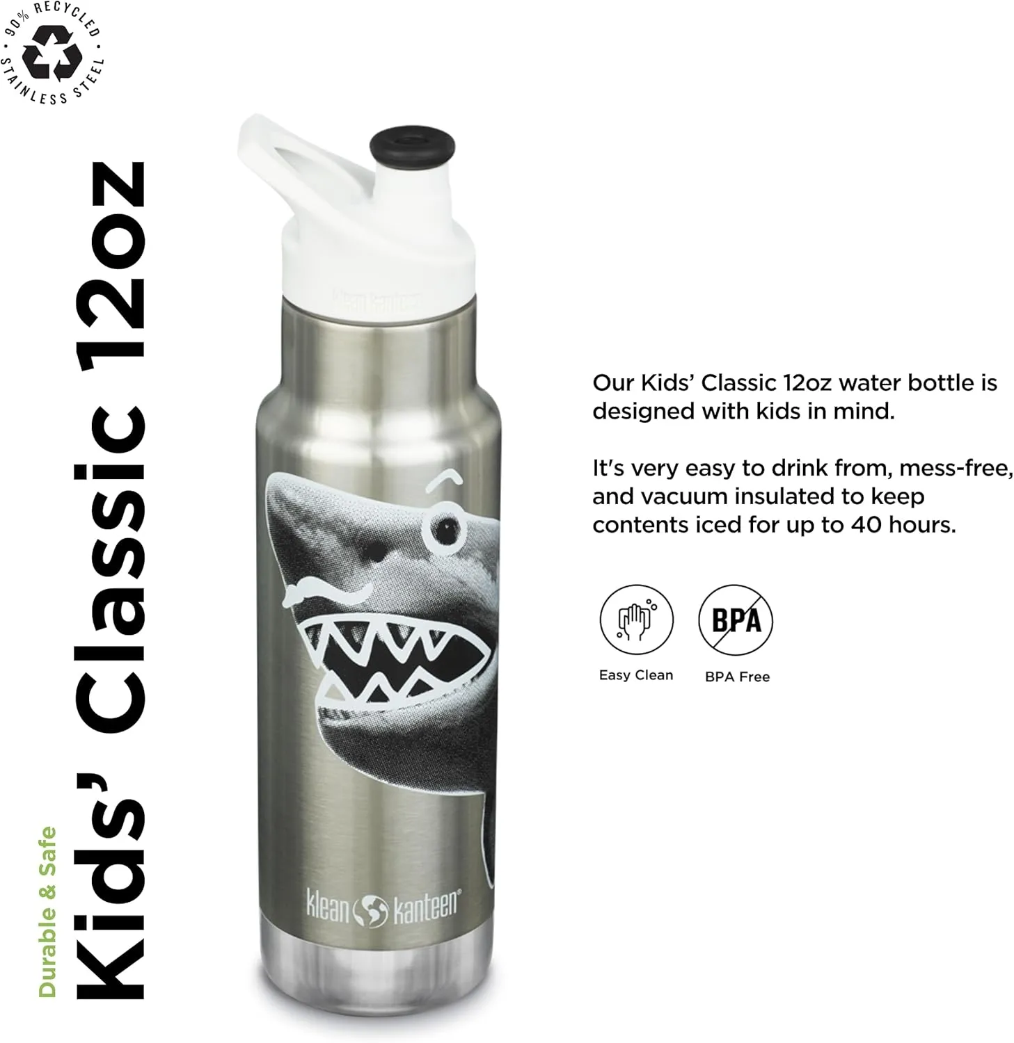 Klean Kanteen 12 oz Classic Kid's Insulated Water Bottle with Sport Cap - Kid's Water Bottle - Made from Stainless Steel - Dishwasher Safe Reusable Bottle - Mr. Shark, 12 oz
