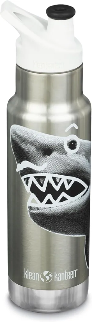Klean Kanteen 12 oz Classic Kid's Insulated Water Bottle with Sport Cap - Kid's Water Bottle - Made from Stainless Steel - Dishwasher Safe Reusable Bottle - Mr. Shark, 12 oz