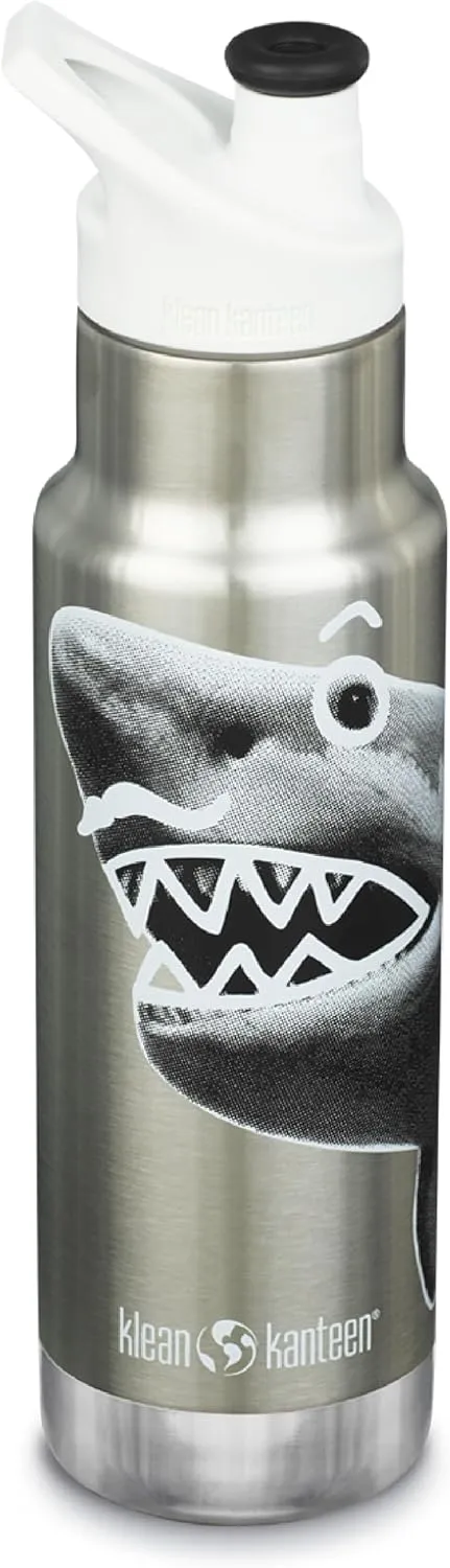 Klean Kanteen 12 oz Classic Kid's Insulated Water Bottle with Sport Cap - Kid's Water Bottle - Made from Stainless Steel - Dishwasher Safe Reusable Bottle - Mr. Shark, 12 oz