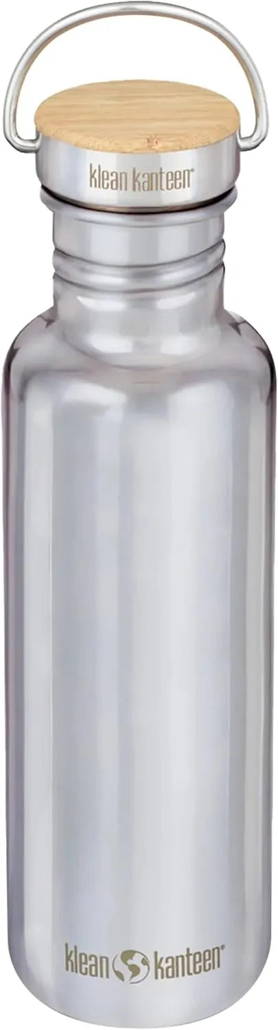 Klean Kanteen 27 oz Reflect Water Bottle with Bamboo Cap - Reusable Water Bottle - BPA-Free - Made with Stainless Steel & Food-Grade Silicone - Mirrored Stainless, 27 oz
