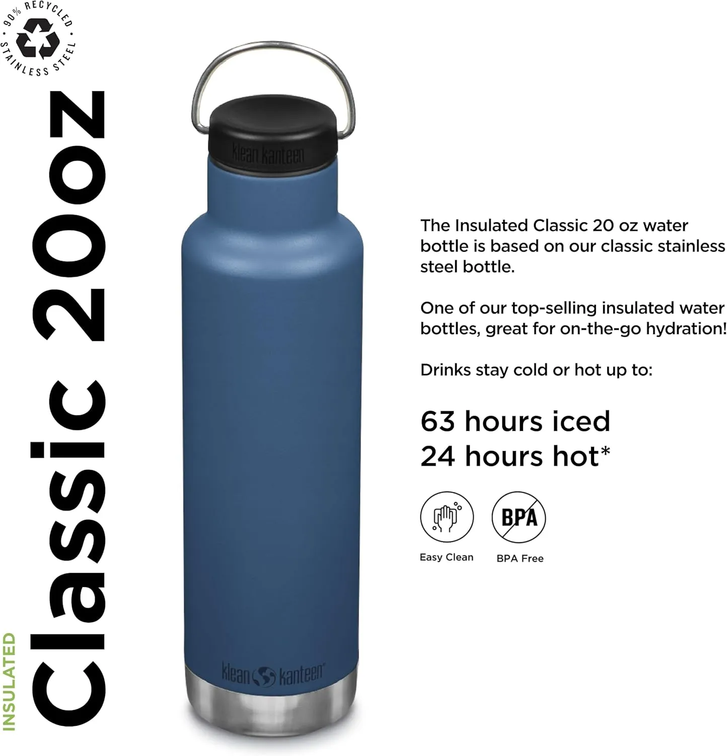 Klean Kanteen Classic Insulated Water Bottle with Loop Cap - Stainless Steel Drinking Bottle for Hot & Cold Beverages - Dishwasher-Safe Travel Bottle - Real Teal, 20 oz