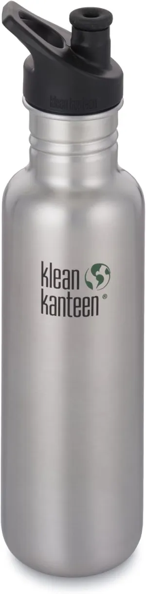 Klean Kanteen Classic Stainless Steel Single Wall Non-Insulated Water Bottle with Sport Cap, 27-Ounce, Brushed Stainless (Discontinued)