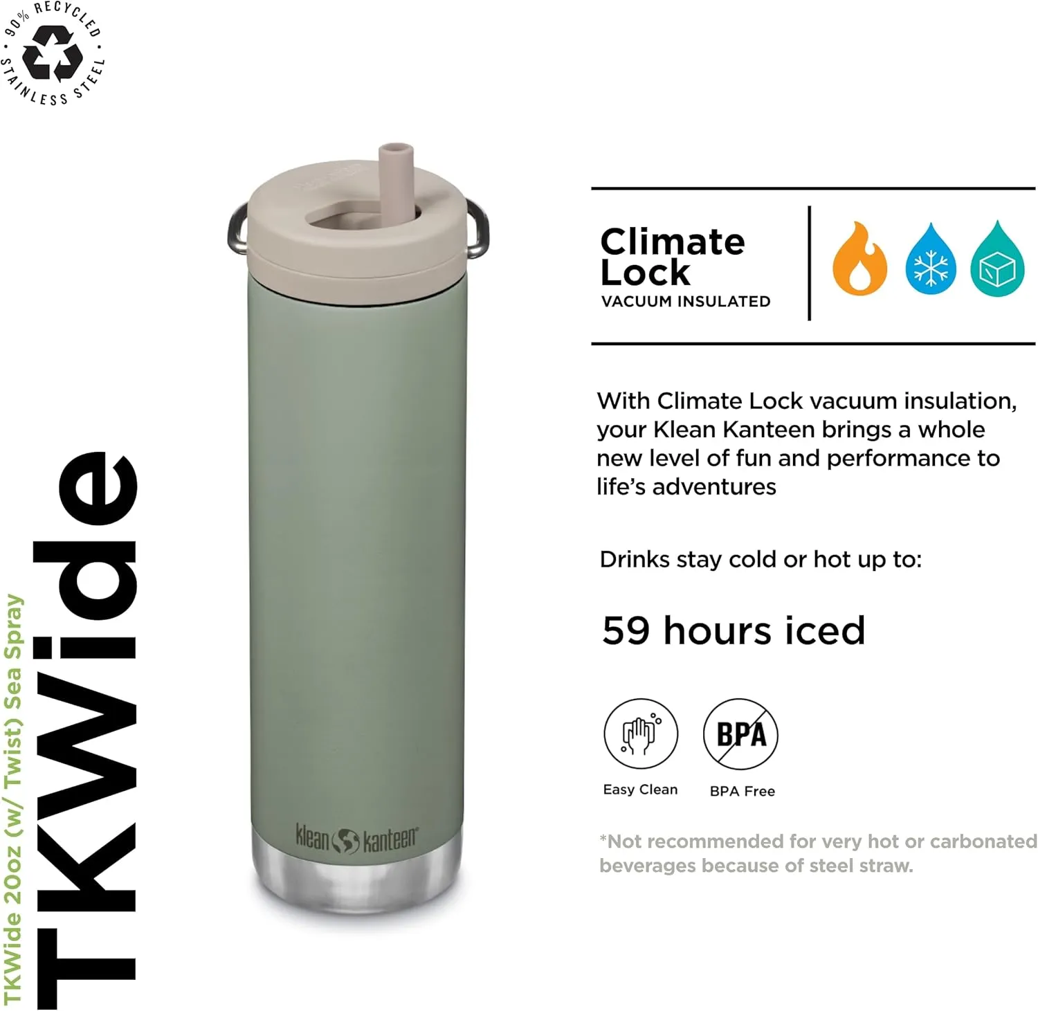 Klean Kanteen TKWide Insulated Water Bottle with Twist Cap - Reusable Travel Water Bottle with Stainless Steel Straw - Perfect for Sports & the Office - Sea Spray, 20 oz