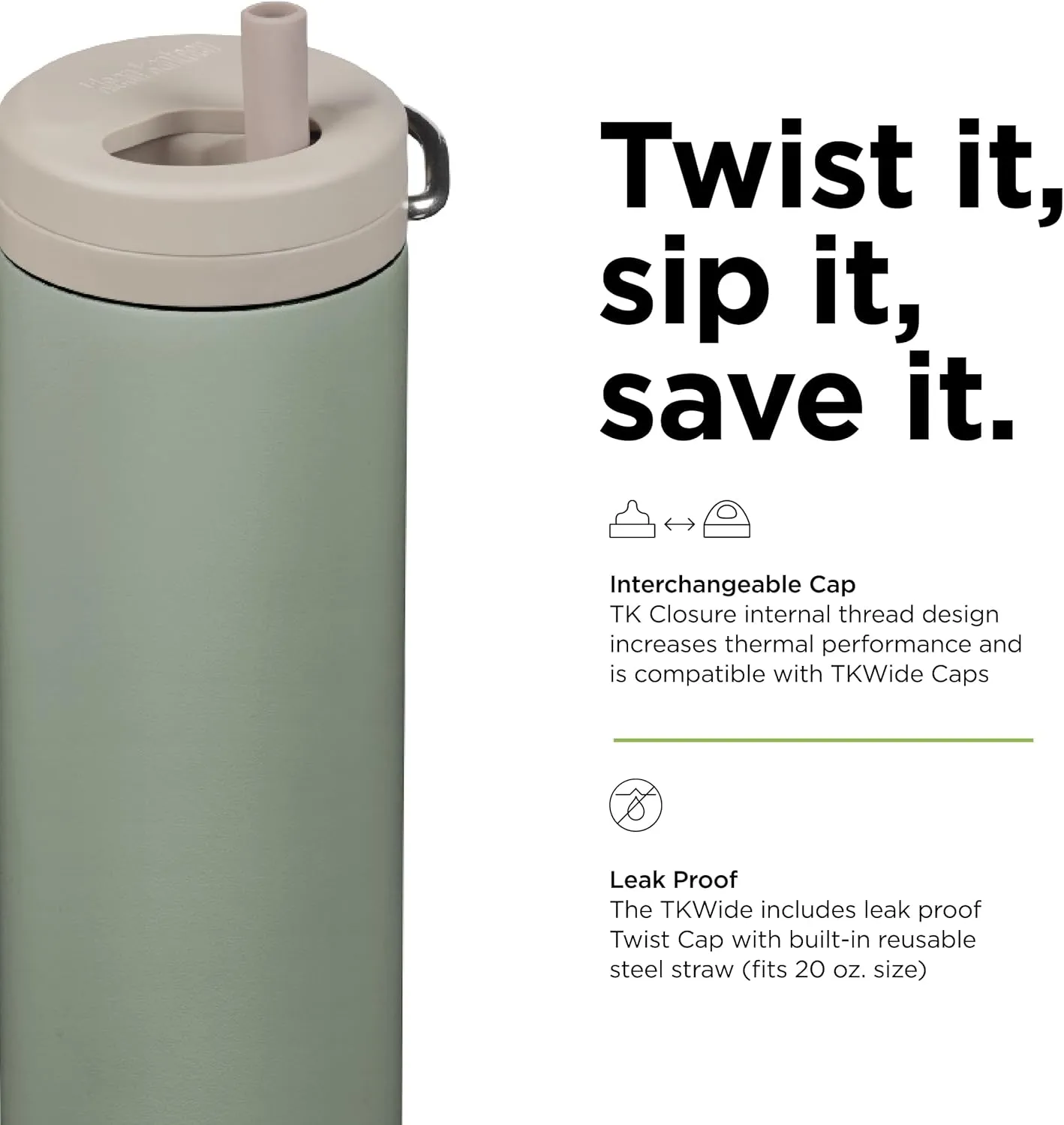 Klean Kanteen TKWide Insulated Water Bottle with Twist Cap - Reusable Travel Water Bottle with Stainless Steel Straw - Perfect for Sports & the Office - Sea Spray, 20 oz