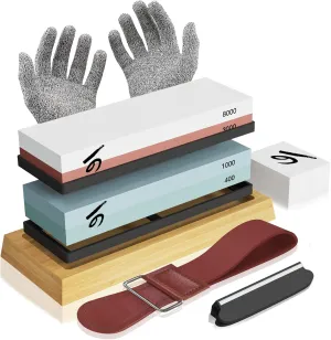 Knife Sharpening Stone Kit, KERYE Professional Japanese Whetstone Sharpener Stone Set, Premium 4 Side Grit 400/1000 3000/8000 Water Stone, Flattening Stones, Angle Guide, Leather Strop, Anti Cut Glove