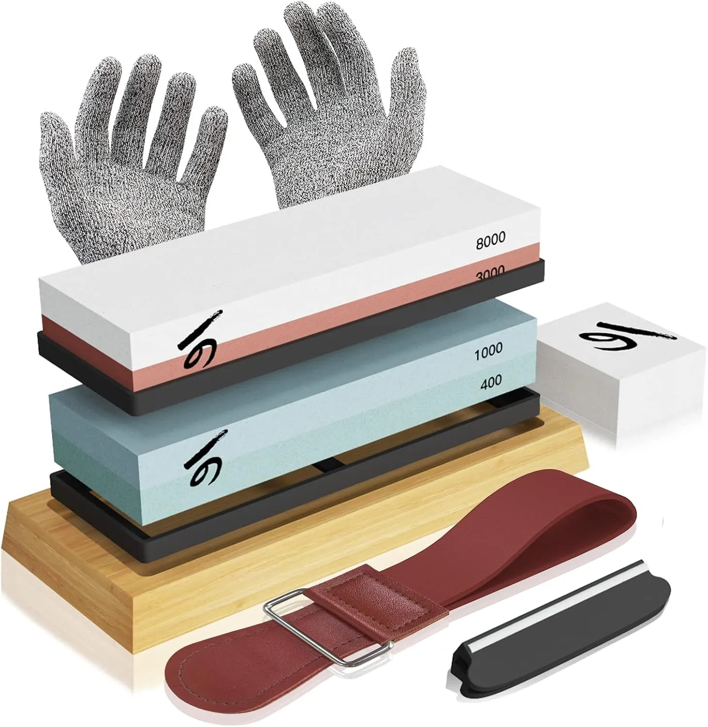 Knife Sharpening Stone Kit, KERYE Professional Japanese Whetstone Sharpener Stone Set, Premium 4 Side Grit 400/1000 3000/8000 Water Stone, Flattening Stones, Angle Guide, Leather Strop, Anti Cut Glove