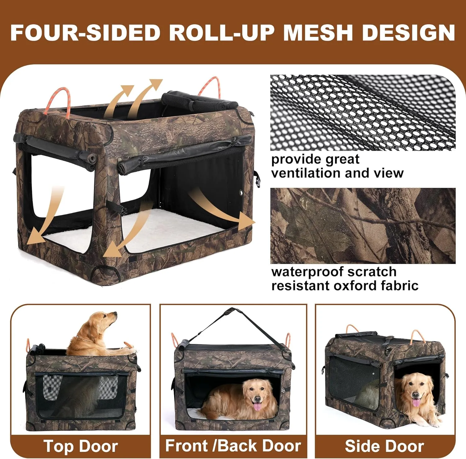 KOOPRO 32 Inch Collapsible Dog Crate, Portable Soft-Sided Dog Travel Carrier Camouflage Style Pet Kennel 4-Door with Durable Mesh Windows, Washable Mat, Indoor & Outdoor for Small Medium Large Dogs