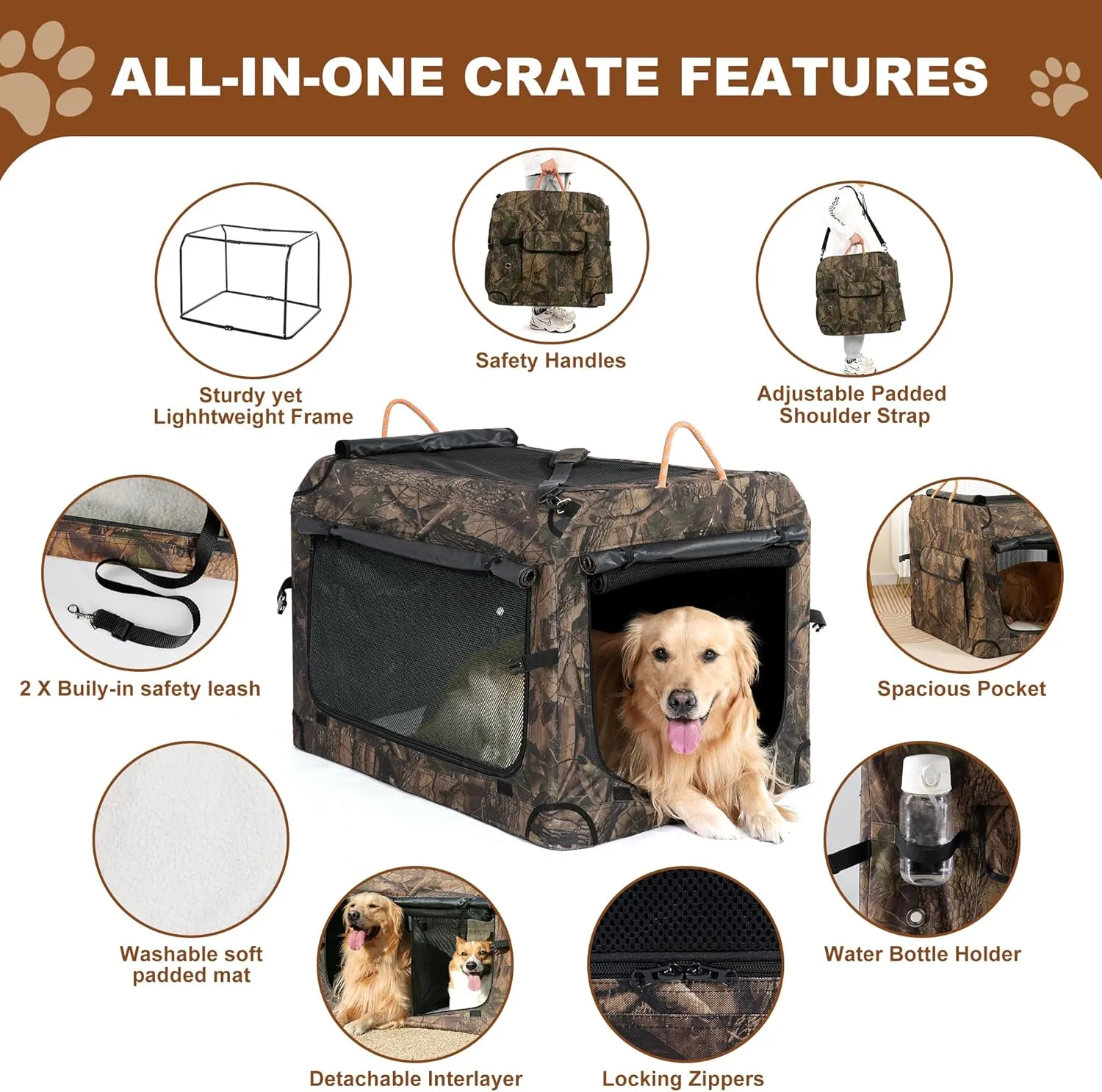 KOOPRO 32 Inch Collapsible Dog Crate, Portable Soft-Sided Dog Travel Carrier Camouflage Style Pet Kennel 4-Door with Durable Mesh Windows, Washable Mat, Indoor & Outdoor for Small Medium Large Dogs