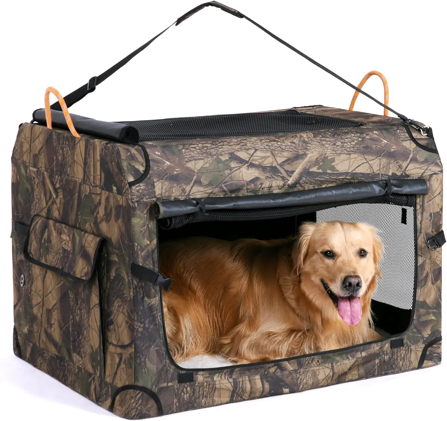 KOOPRO 32 Inch Collapsible Dog Crate, Portable Soft-Sided Dog Travel Carrier Camouflage Style Pet Kennel 4-Door with Durable Mesh Windows, Washable Mat, Indoor & Outdoor for Small Medium Large Dogs
